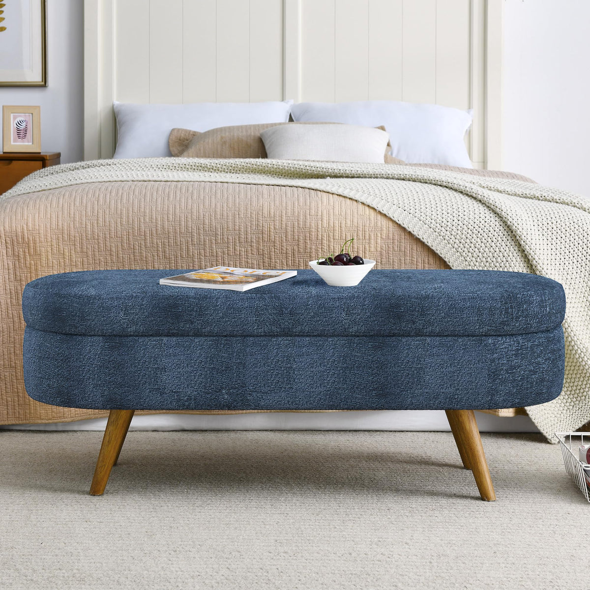 Dark Blue Upholstered Storage Bench with Rubber Wood Legs C66847